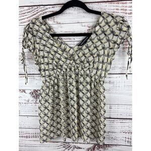 Womens Y2K Express Design Studio Yellow Gray Print Cap Sleeve Silk Top Empire XS